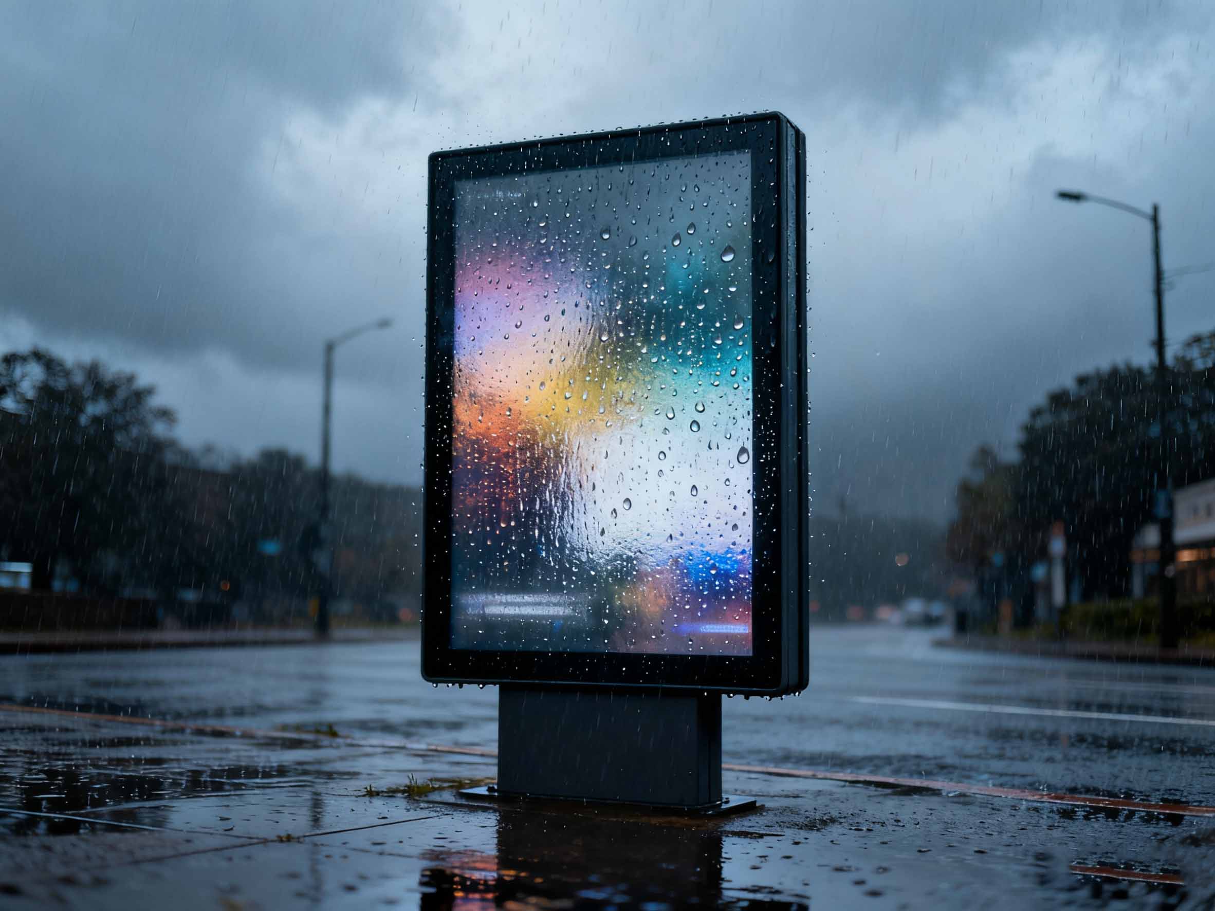 Outdoor advertising display waterproof test – clear visibility even in heavy rain conditions
