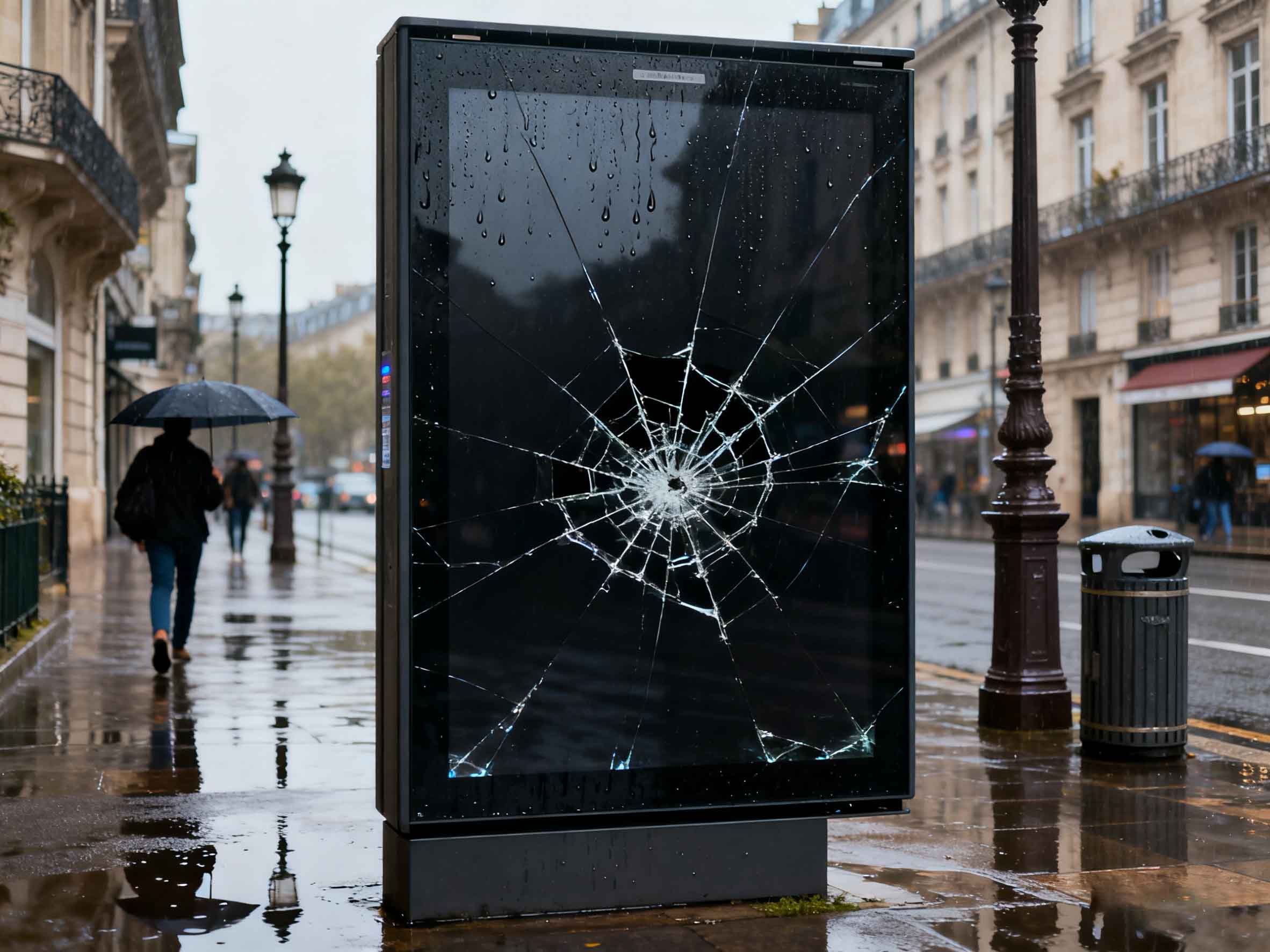 Broken outdoor advertising display vs laminated glass – impact resistance protection