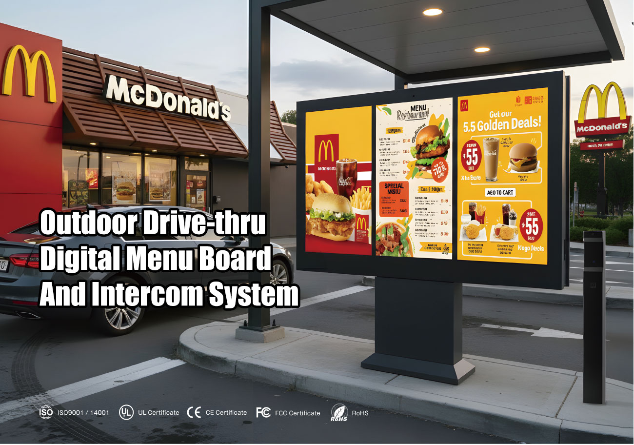 rive-thru Digital Menu Board Drive-thru digital menu board in a restaurant setting enabling fast self-service ordering
