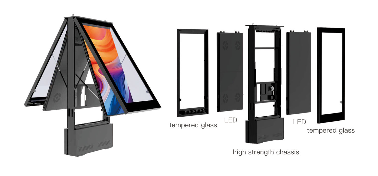 internal structure of outdoor LED totem display showing modular design and maintenance system