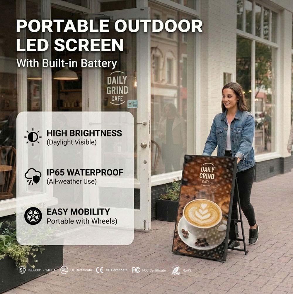 Portable LED sign placed outside a retail store for digital advertising and customer engagement