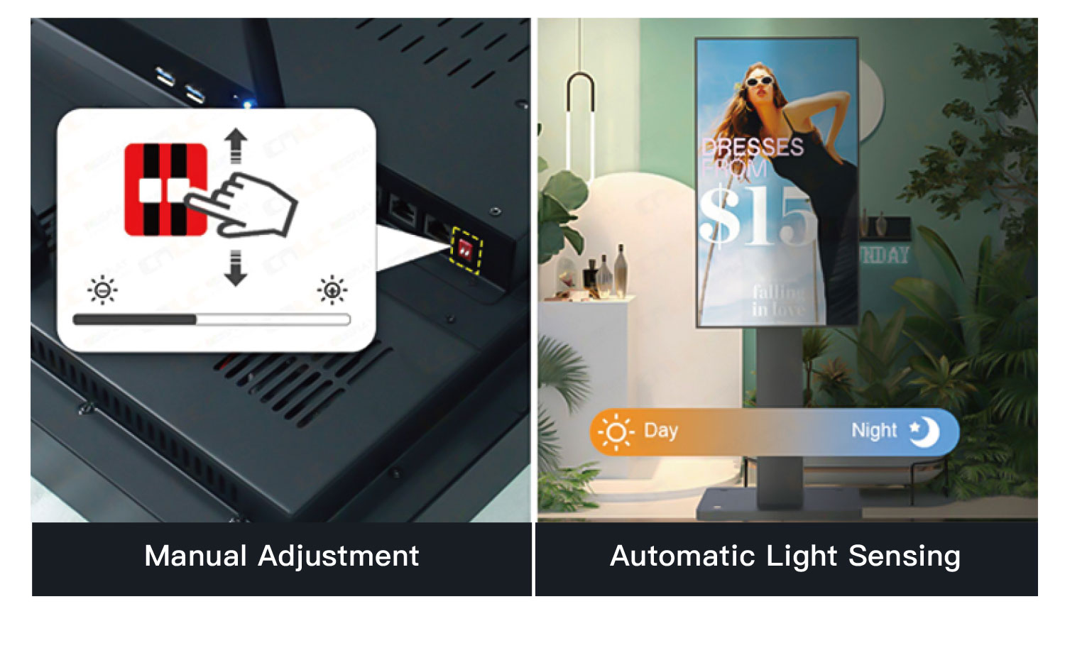 Shop window display with optional automatic brightness sensor and manual brightness adjustment