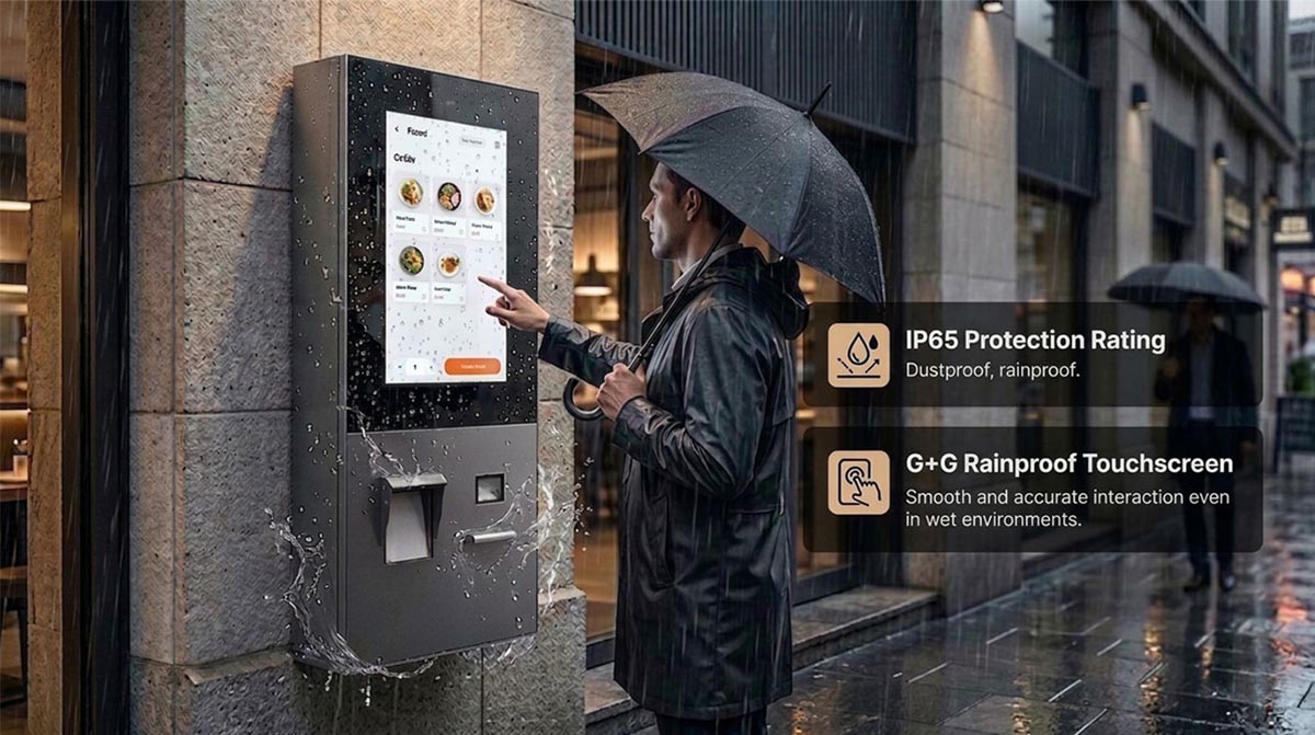IP65 rated outdoor kiosk with weatherproof and waterproof design for harsh environments
