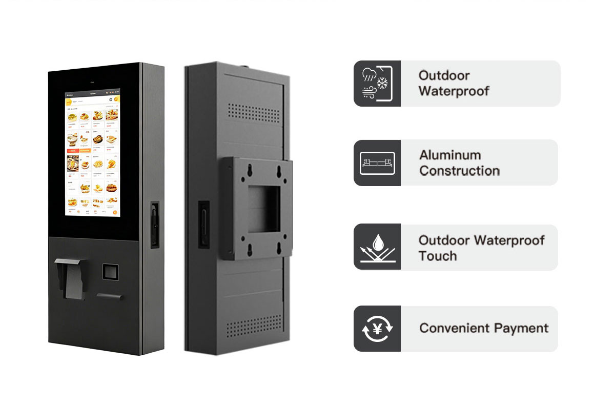 Outdoor touchscreen kiosk with high brightness display and interactive features for self service applications