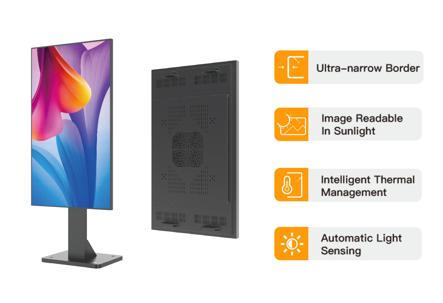 Key features of window digital signage including high brightness display, slim design, and content management