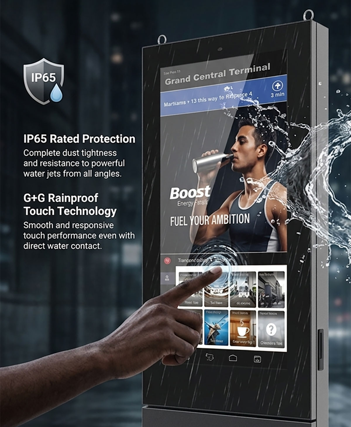 IP65 waterproof touchscreen interactive kiosk designed for reliable public use in outdoor environments