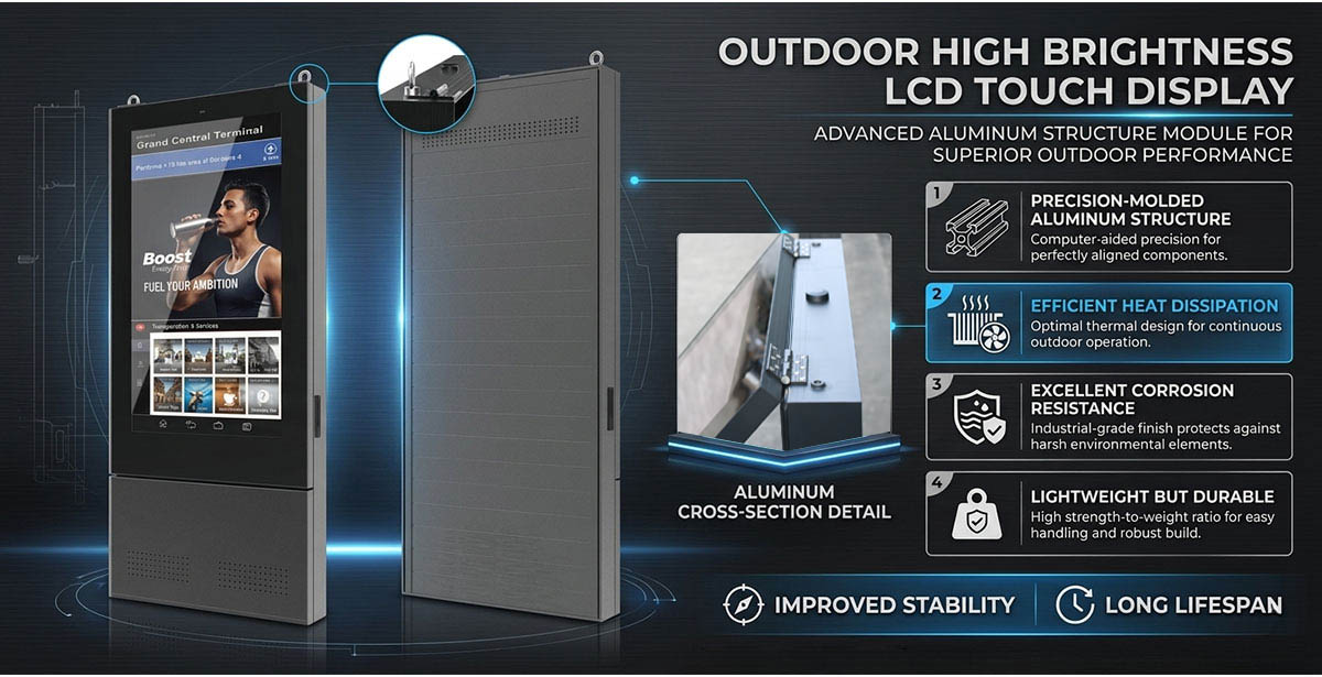 Outdoor interactive LCD kiosk with durable aluminum structure designed for long-term smart city applications