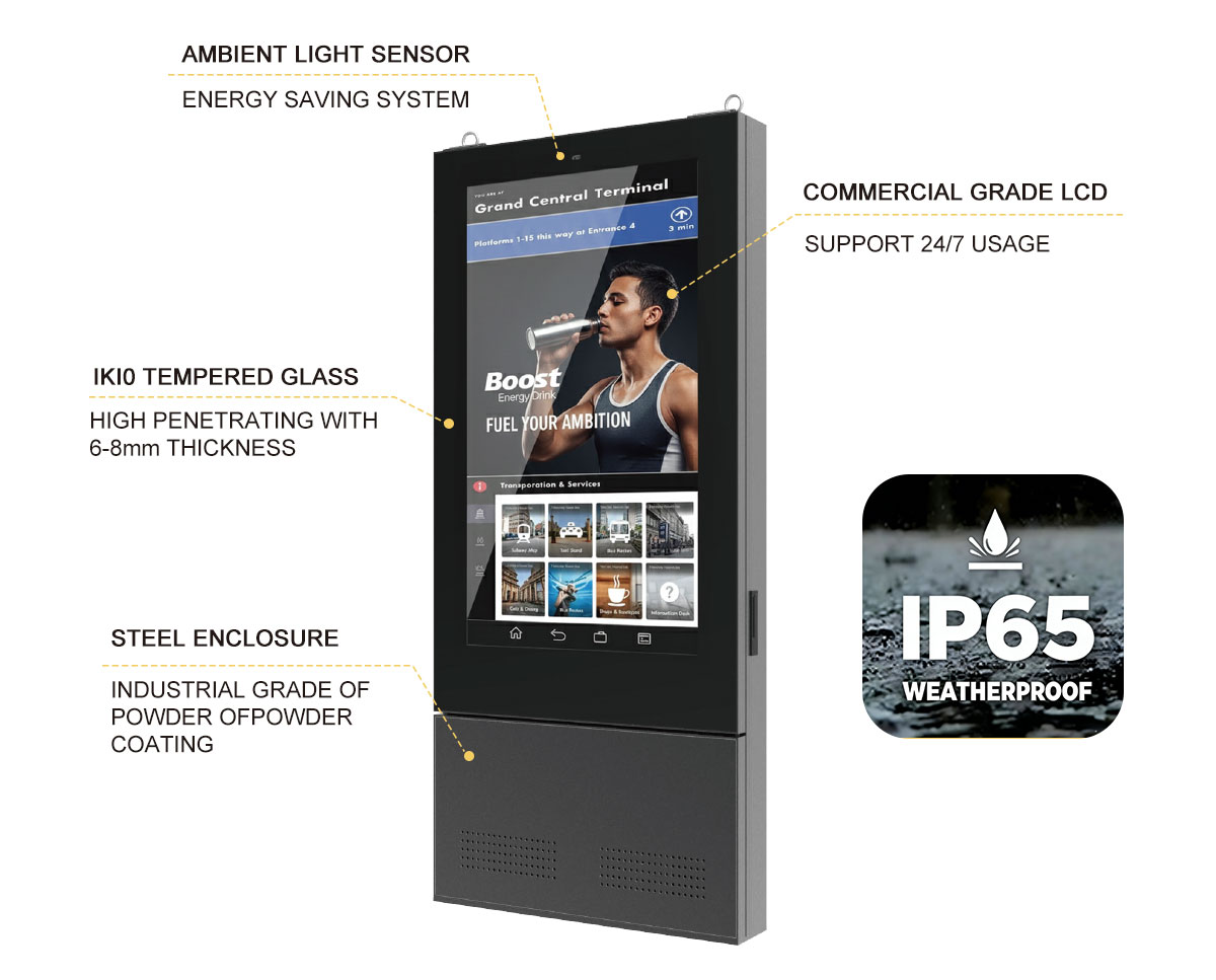 Smart city kiosk featuring ambient light sensor, IK10 tempered glass, steel housing, and commercial grade LCD display