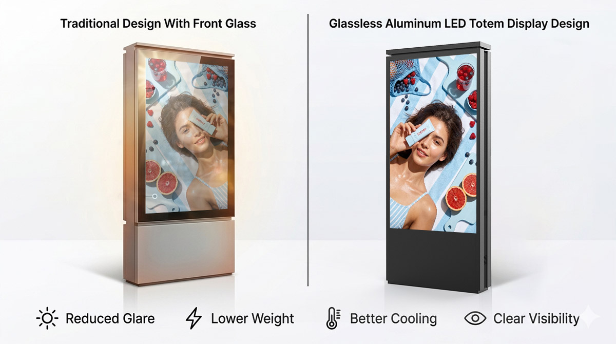 Glassless outdoor LED display enclosure improving visibility and heat dissipation performance