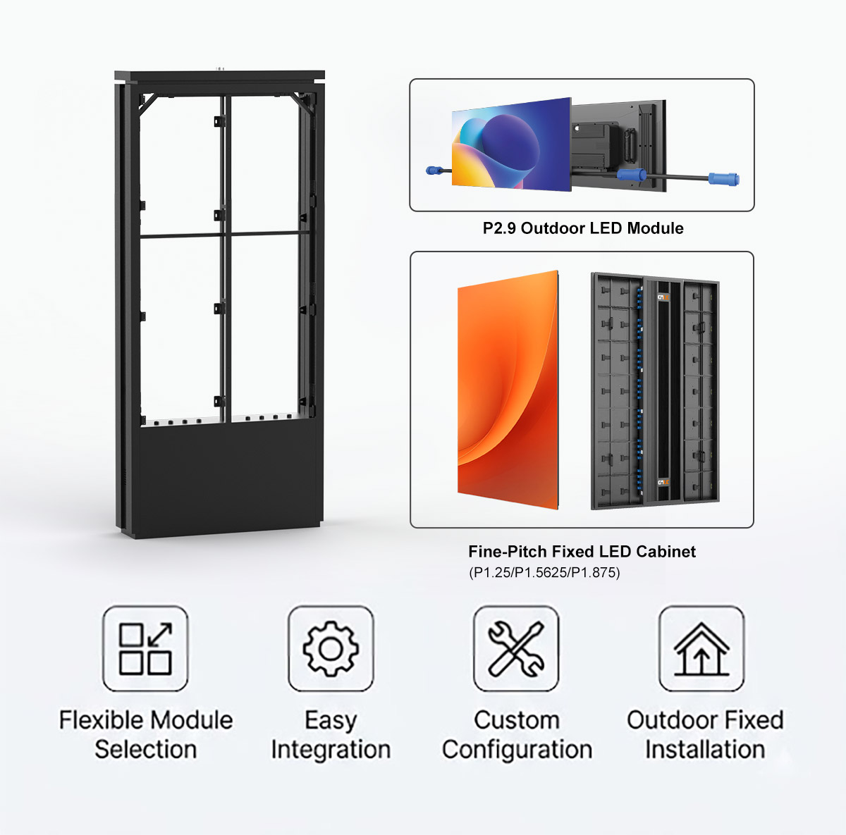 Modular LED display enclosure compatible with fine pitch cabinets and P2.9 LED modules