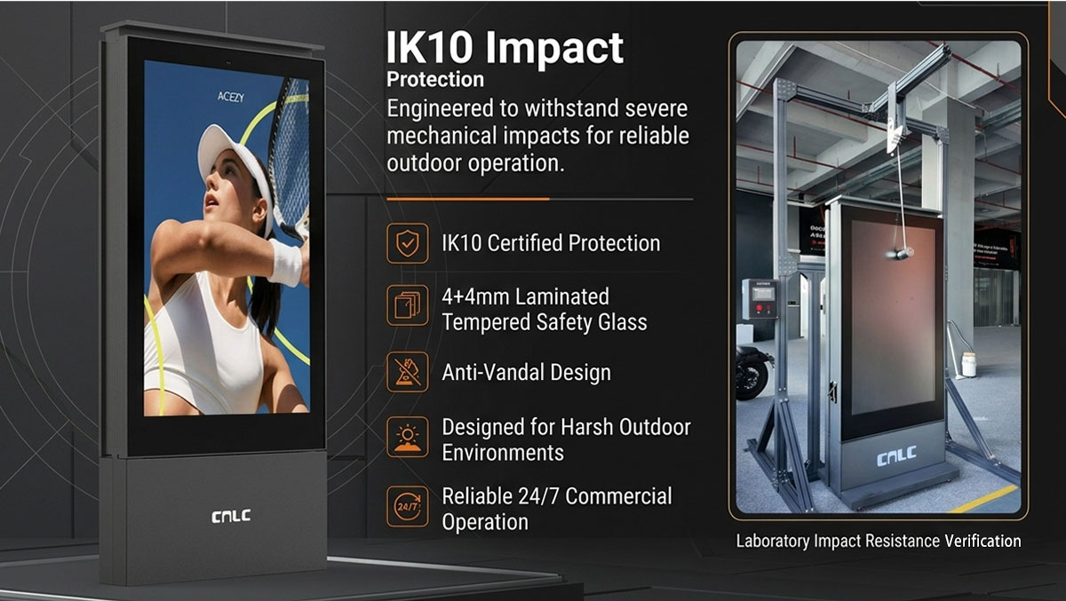 Smart city kiosk featuring ambient light sensor, IK10 tempered glass, steel housing, and commercial grade LCD display