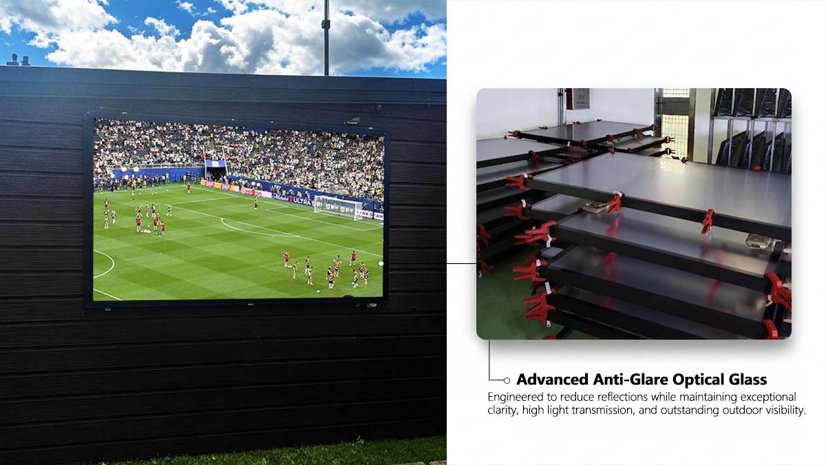 Outdoor TV featuring advanced anti-glare optical glass with IK10 impact resistance, 91% visible light transmittance, 98% UV rejection, and 86% infrared rejection for superior outdoor visibility.