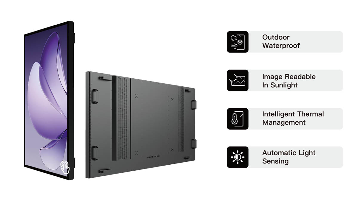 Commercial Outdoor TV with high-brightness 4K display, weatherproof aluminum enclosure, designed for outdoor digital signage, hospitality, retail, and public information applications.