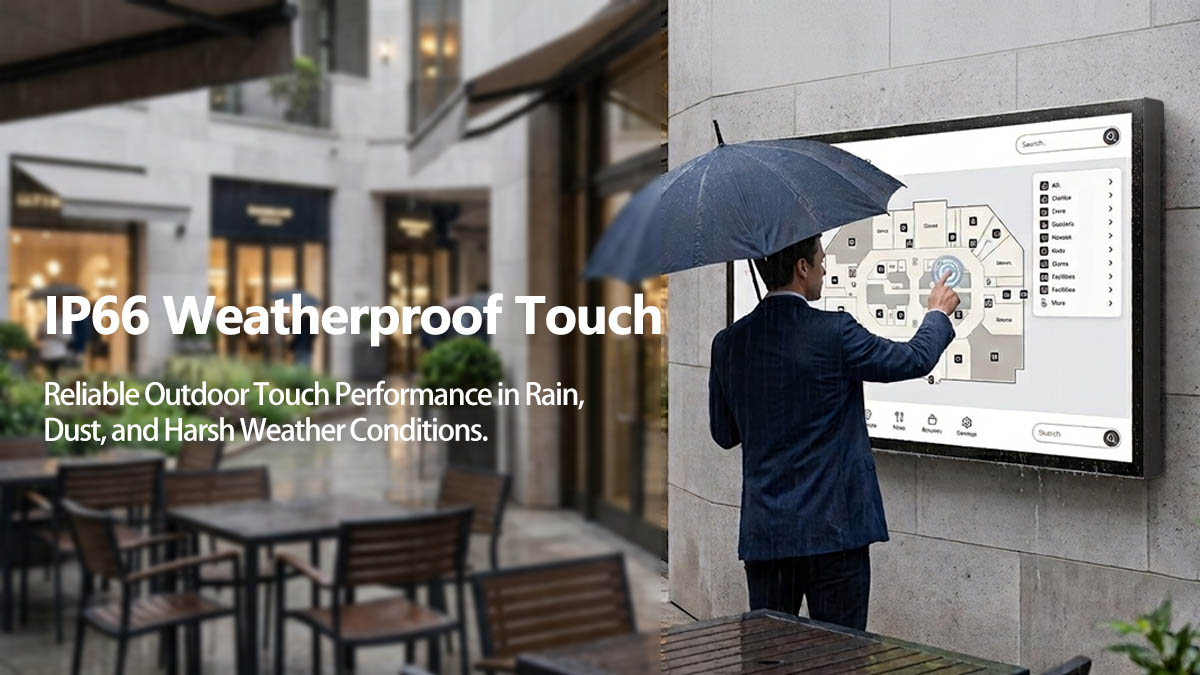 IP66 Waterproof Outdoor TV with responsive touch technology, designed for reliable operation in rain, dust, and harsh outdoor environments.