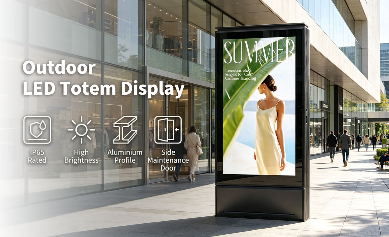 High-brightness outdoor LED totem display for DOOH advertising with IP65 weatherproof aluminum cabinet