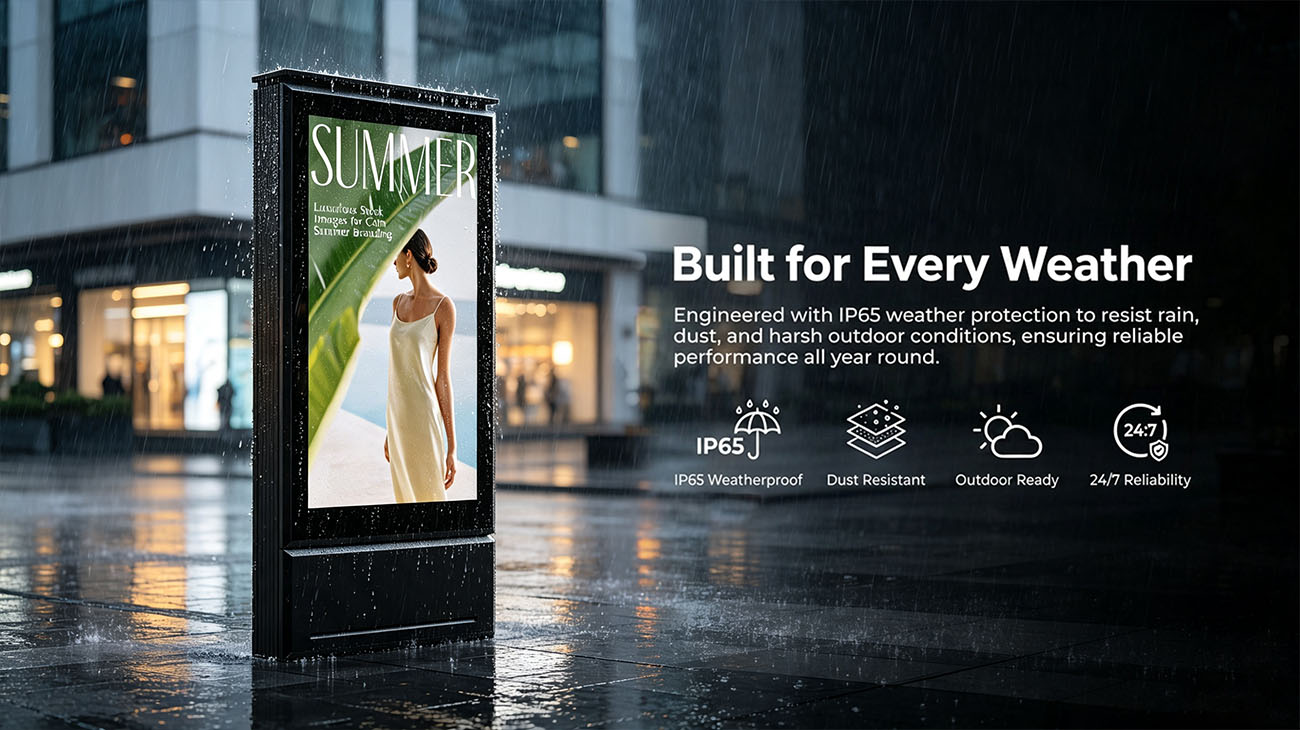 Outdoor LED signage operating in heavy rain with IP65 waterproof protection