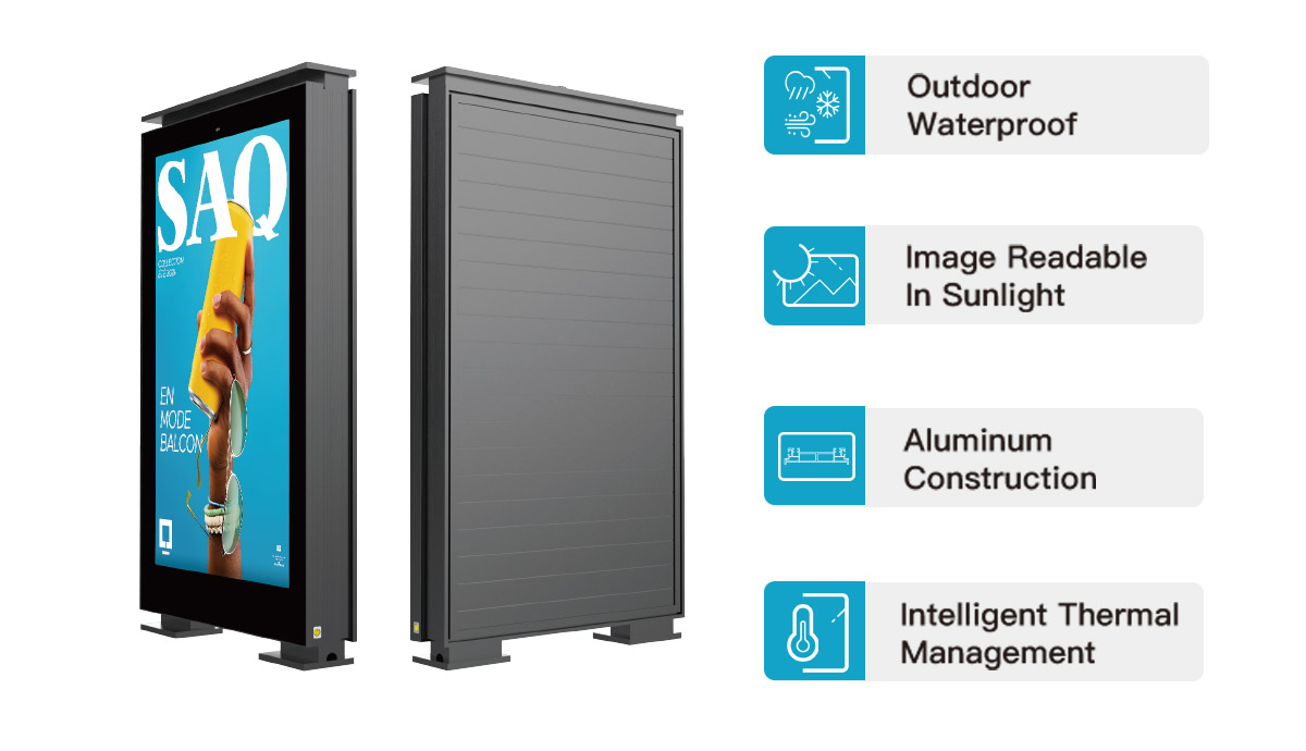 Outdoor MIP LED totem featuring ambient light sensor, IK10 protective glass, aluminum housing, and fine pitch LED display