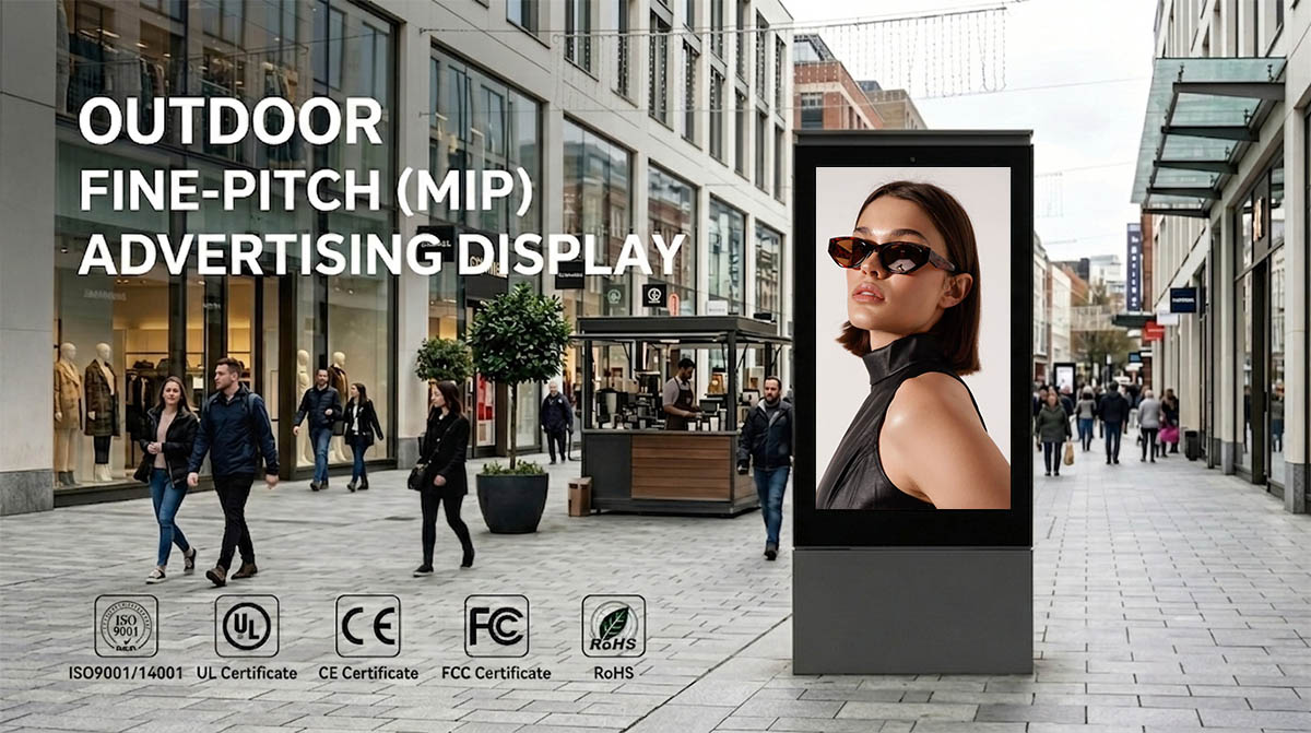 Outdoor fine pitch MIP LED totem display with IP65 protection for premium digital signage applications
