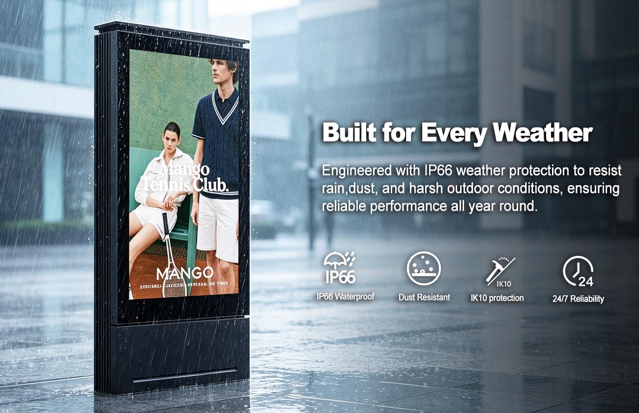 Outdoor LED signage operating in heavy rain with IP66 waterproof protection