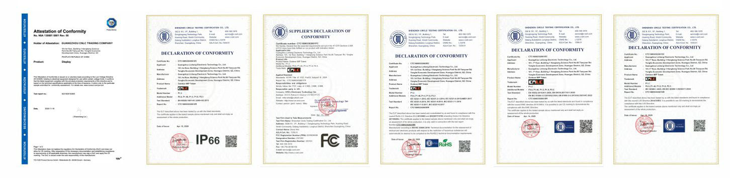 CNLC MIP LED display certifications including T&Uuml;V, CE, FCC and RoHS