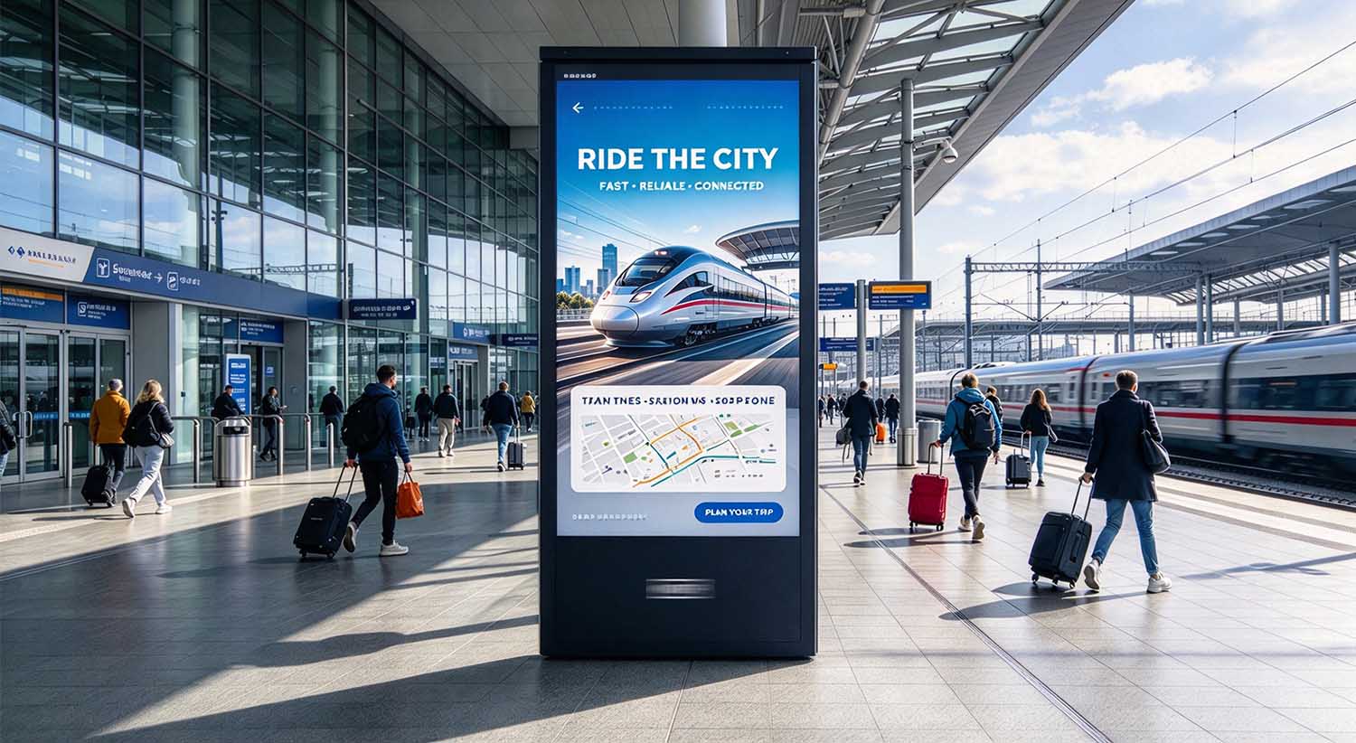 Freestanding outdoor digital advertising totem installed in a public plaza for urban DOOH applications