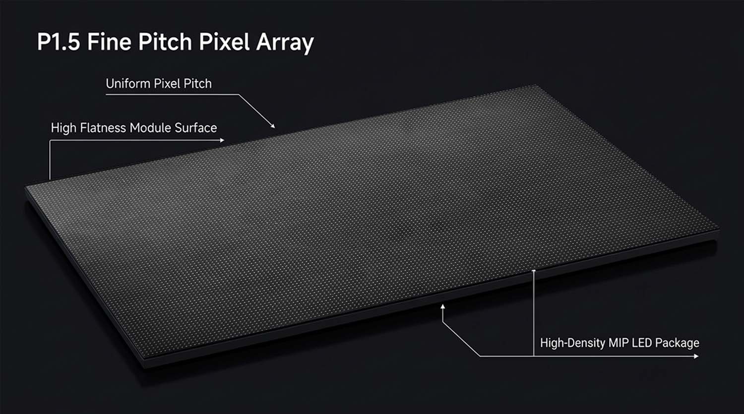 Close-up of a fine-pitch MiP LED module showing its pixel layout and flat display surface.